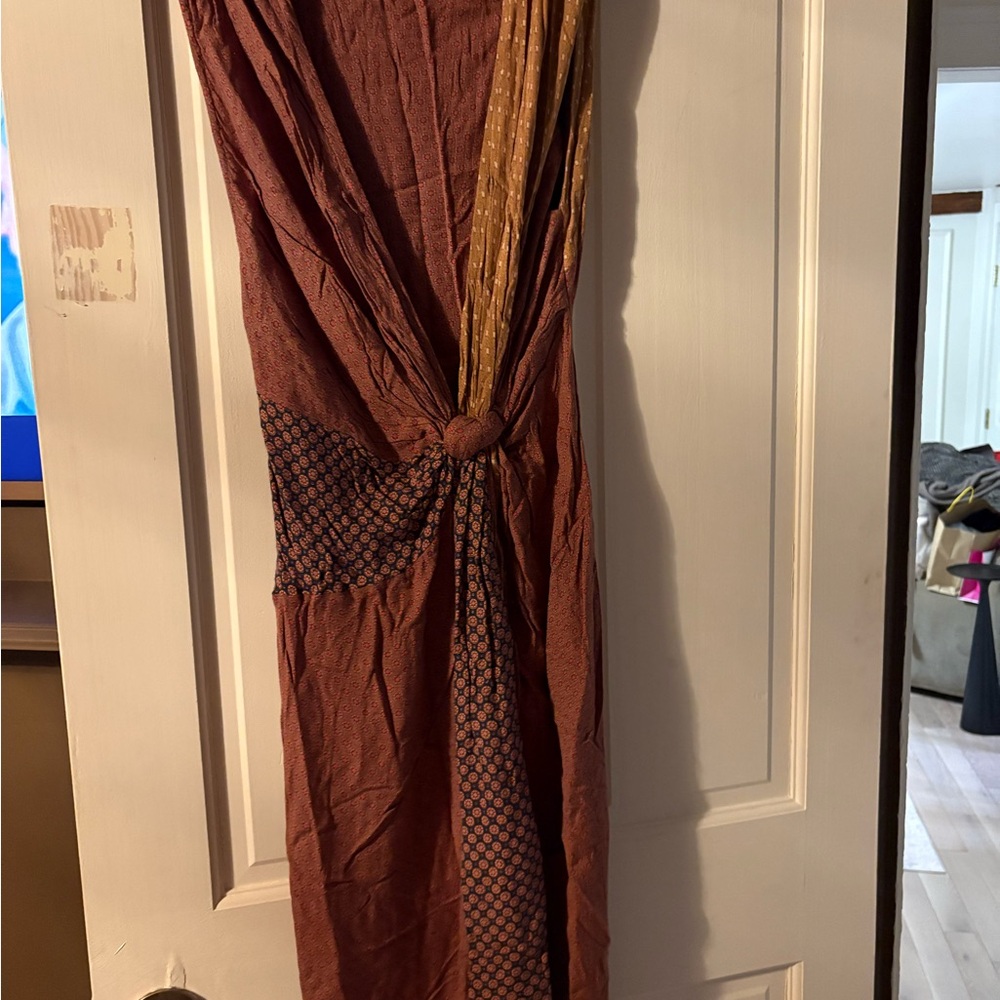 Free People Boho Rust Brown Maxi Wrap Dress with Patterned Panels